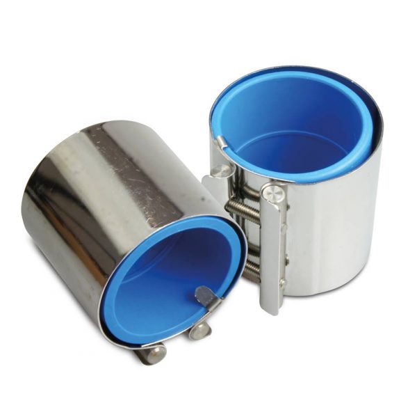 RVS klemkoppeling met blauwe mof, 100 mm lang